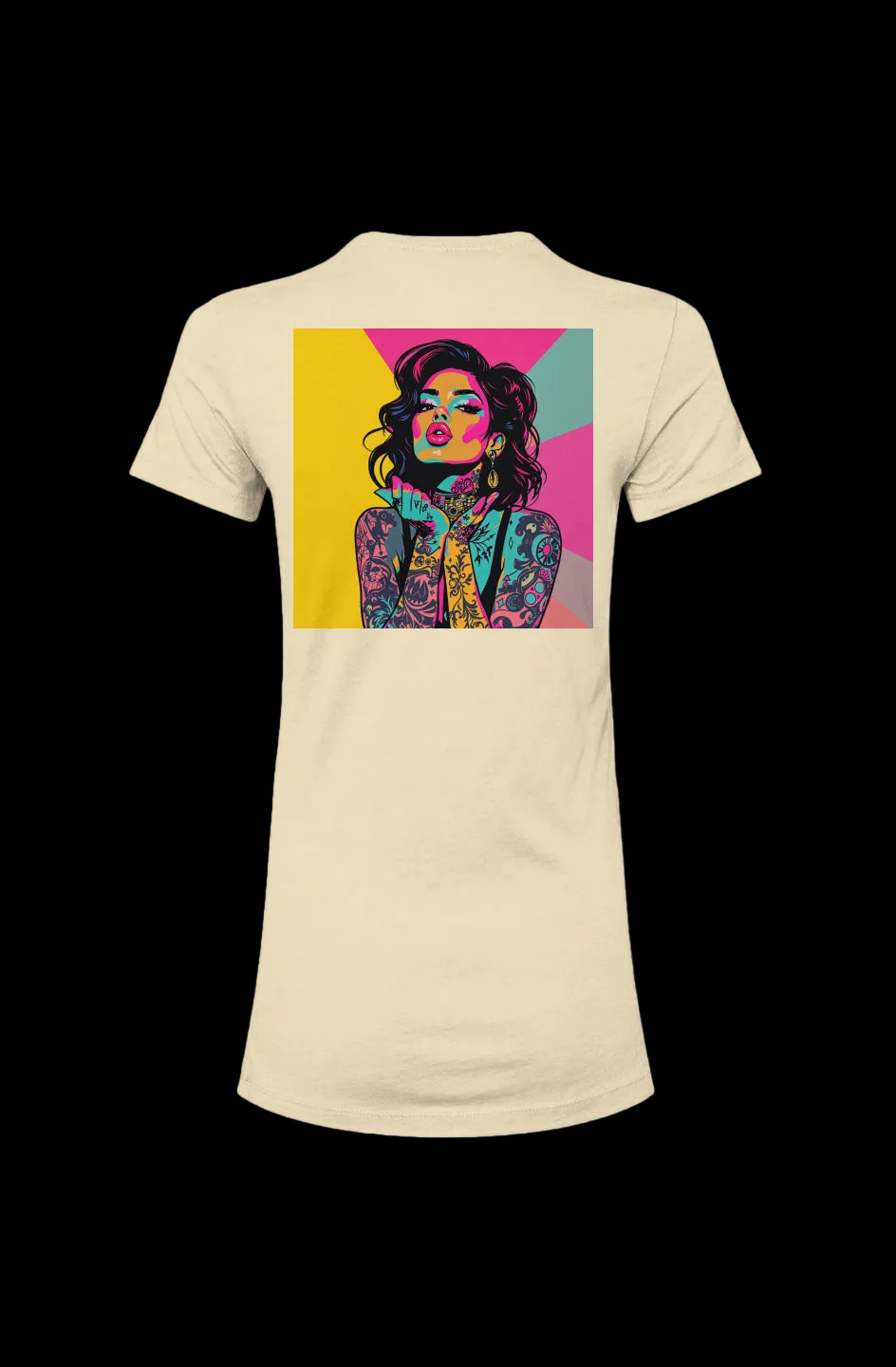 Inked Icon Premium Tee in cream featuring a bold, colorful tattooed woman graphic on the back, perfect for edgy streetwear fashion lovers.