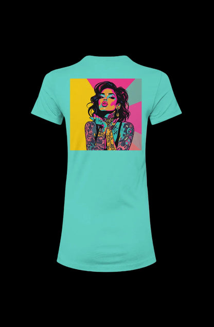 Inked Icon Premium Tee in aqua blue featuring a bold, colorful graphic of a tattooed woman on the back. Made from soft 100% Airlume cotton.