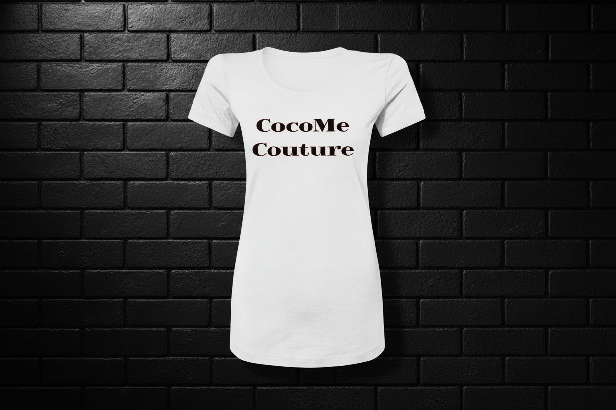 White Royal Rebellion graphic tee with CocoMe Couture text on a black brick background.