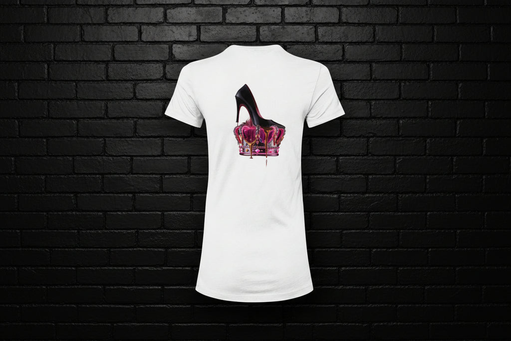 White Royal Rebellion graphic tee featuring a black stiletto on a molten pink and gold crown against a black brick wall.