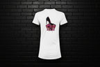 White Royal Rebellion graphic tee featuring a black stiletto on a molten pink and gold crown against a black brick wall.