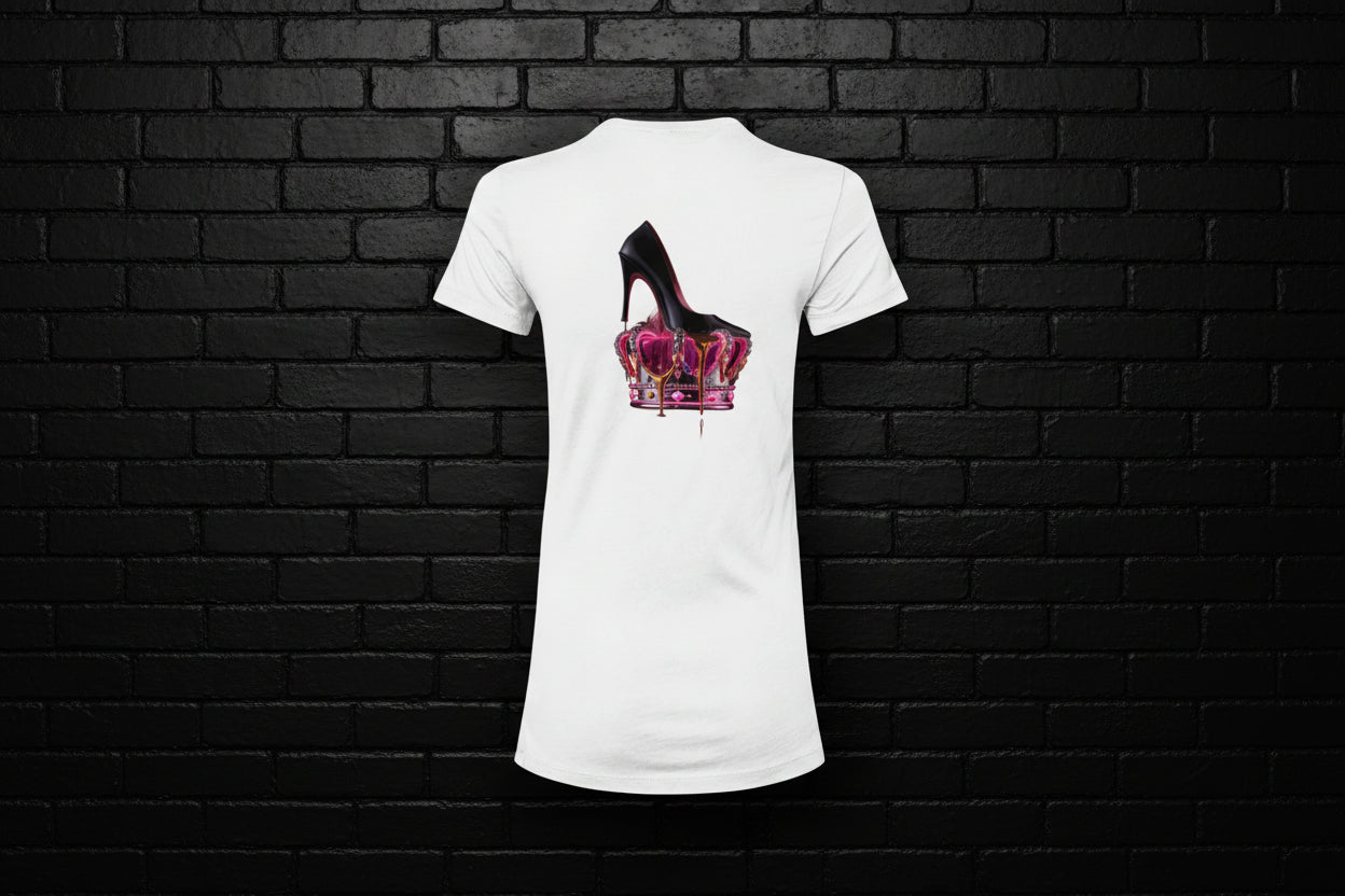 White Royal Rebellion graphic tee featuring a black stiletto on a molten pink and gold crown against a black brick wall.