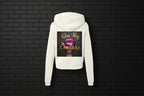 Back view of white Kiss My Couture luxe streetwear hoodie featuring a pink lip graphic on premium fleece.