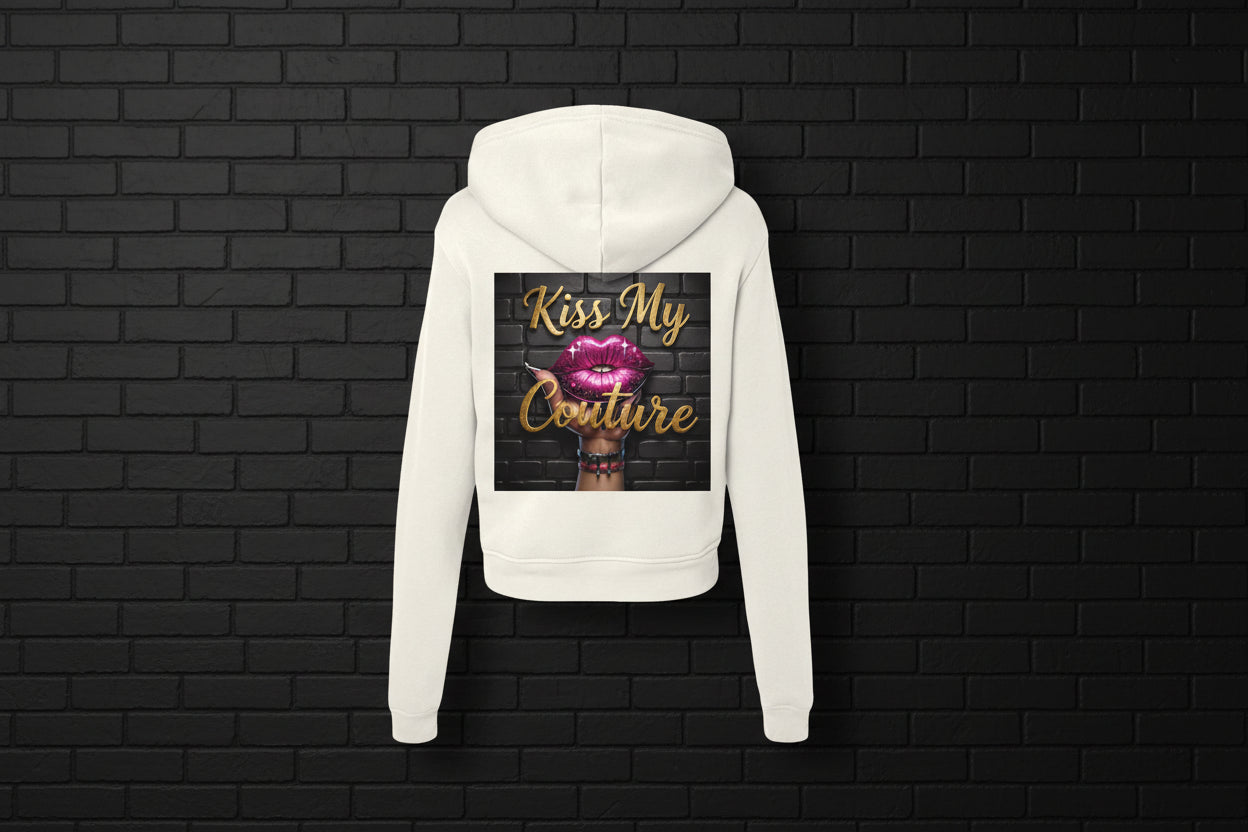 Back view of white Kiss My Couture luxe streetwear hoodie featuring a pink lip graphic on premium fleece.