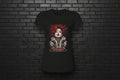 Women's black Soft but Dangerous Performance Tee with red-haired gothic graphic on a brick background.