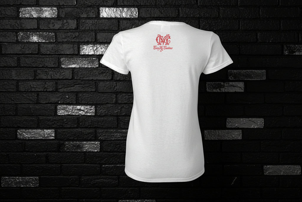 Back view of the Pretty But A Problem white cotton women's graphic t-shirt featuring a red logo on a black brick wall.