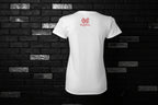 Back view of the Pretty But A Problem white cotton women's graphic t-shirt featuring a red logo on a black brick wall.