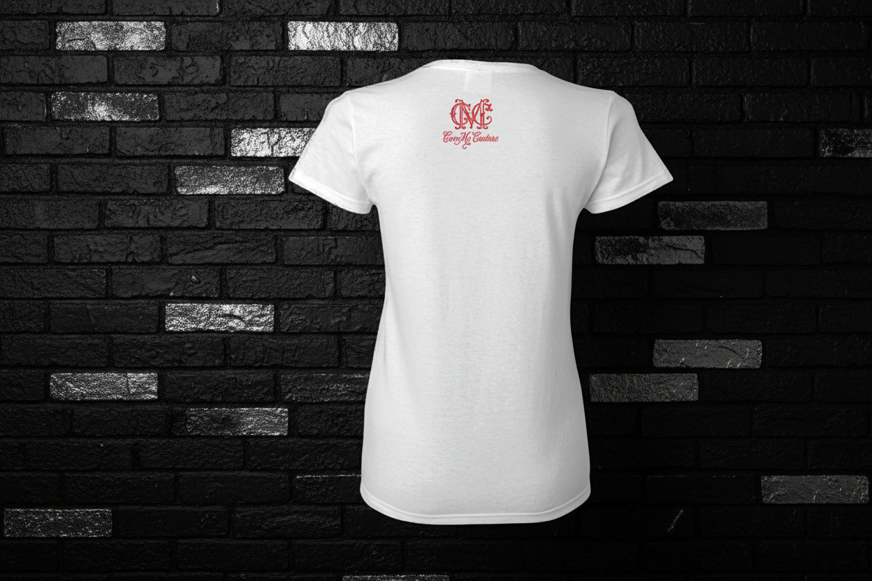 Back view of the Pretty But A Problem white cotton women's graphic t-shirt featuring a red logo on a black brick wall.