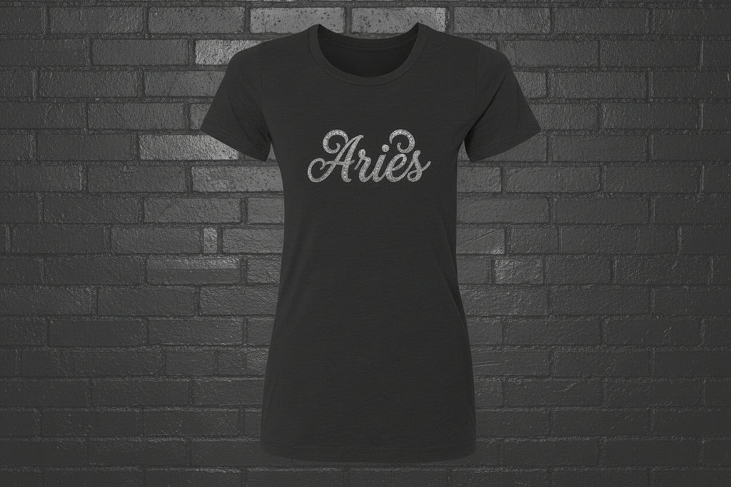 Black heavyweight Aries zodiac shirt with cursive silver text, modern classic fit on a black brick background.