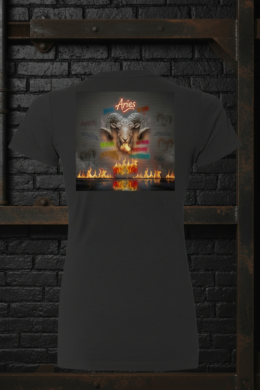 Back view of black Aries zodiac premium heavyweight cotton shirt featuring a ram head and fire graphic.