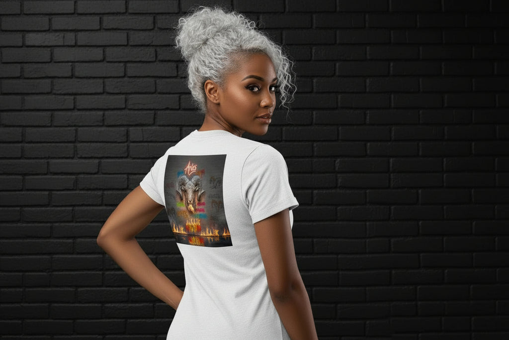 Back view of white Aries Zodiac premium cotton tee with ram graphic on a woman against a black brick wall.