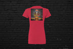 Back view of a red heavyweight cotton Aries zodiac t-shirt featuring a ram head and fire design against a brick wall.
