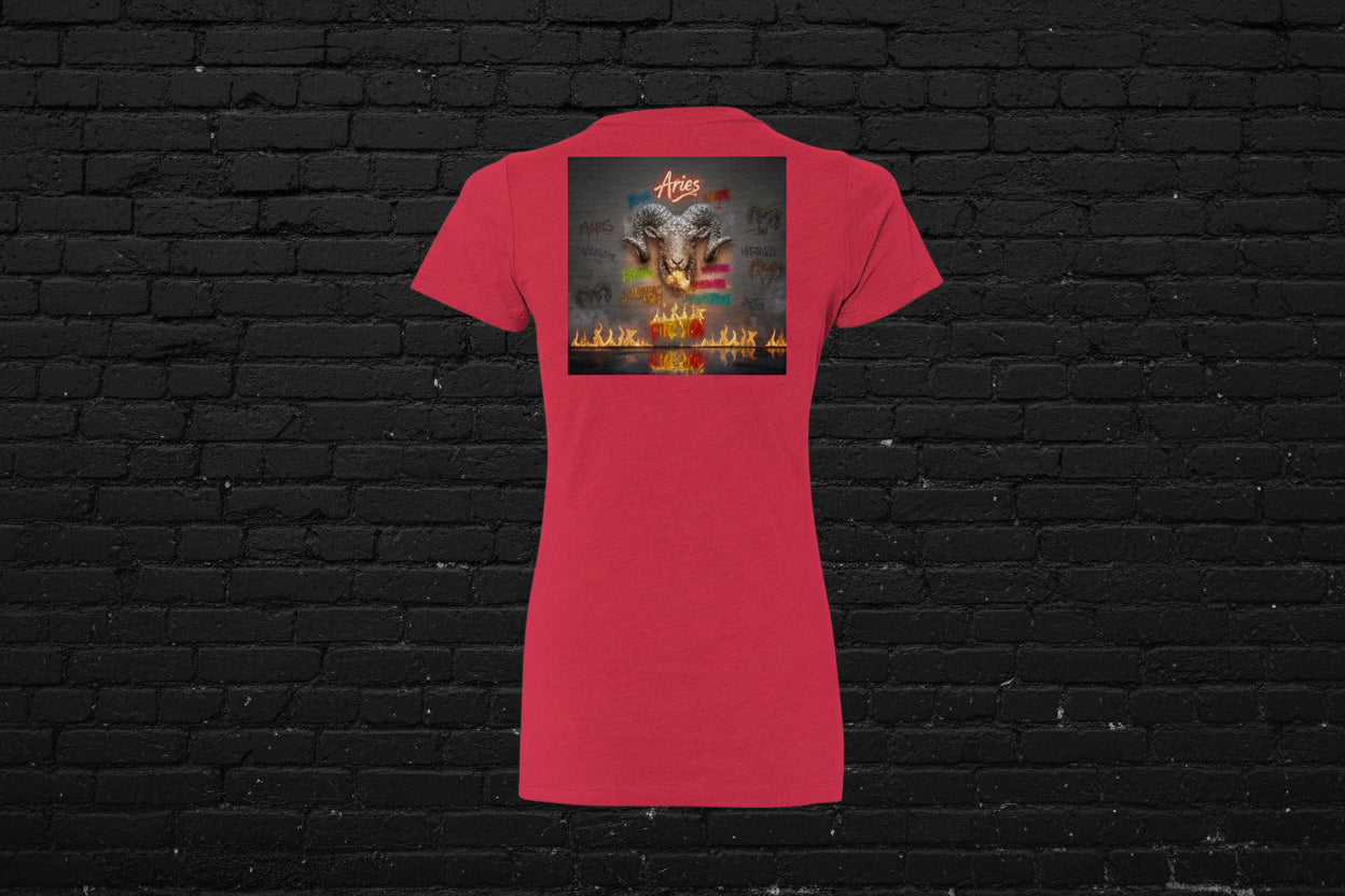Back view of a red heavyweight cotton Aries zodiac t-shirt featuring a ram head and fire design against a brick wall.