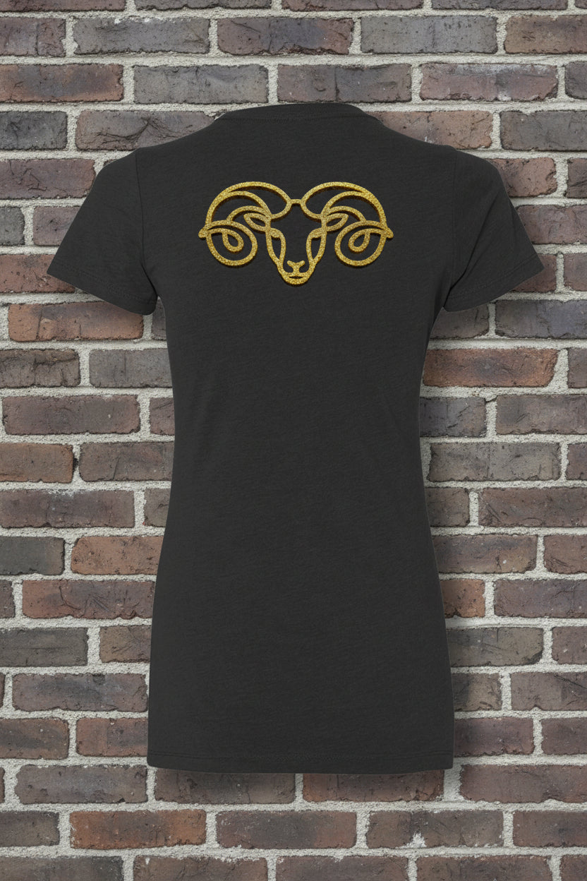 Back of black Aries the Ram Premium Tee featuring a gold glitter zodiac graphic on a textured brick background.
