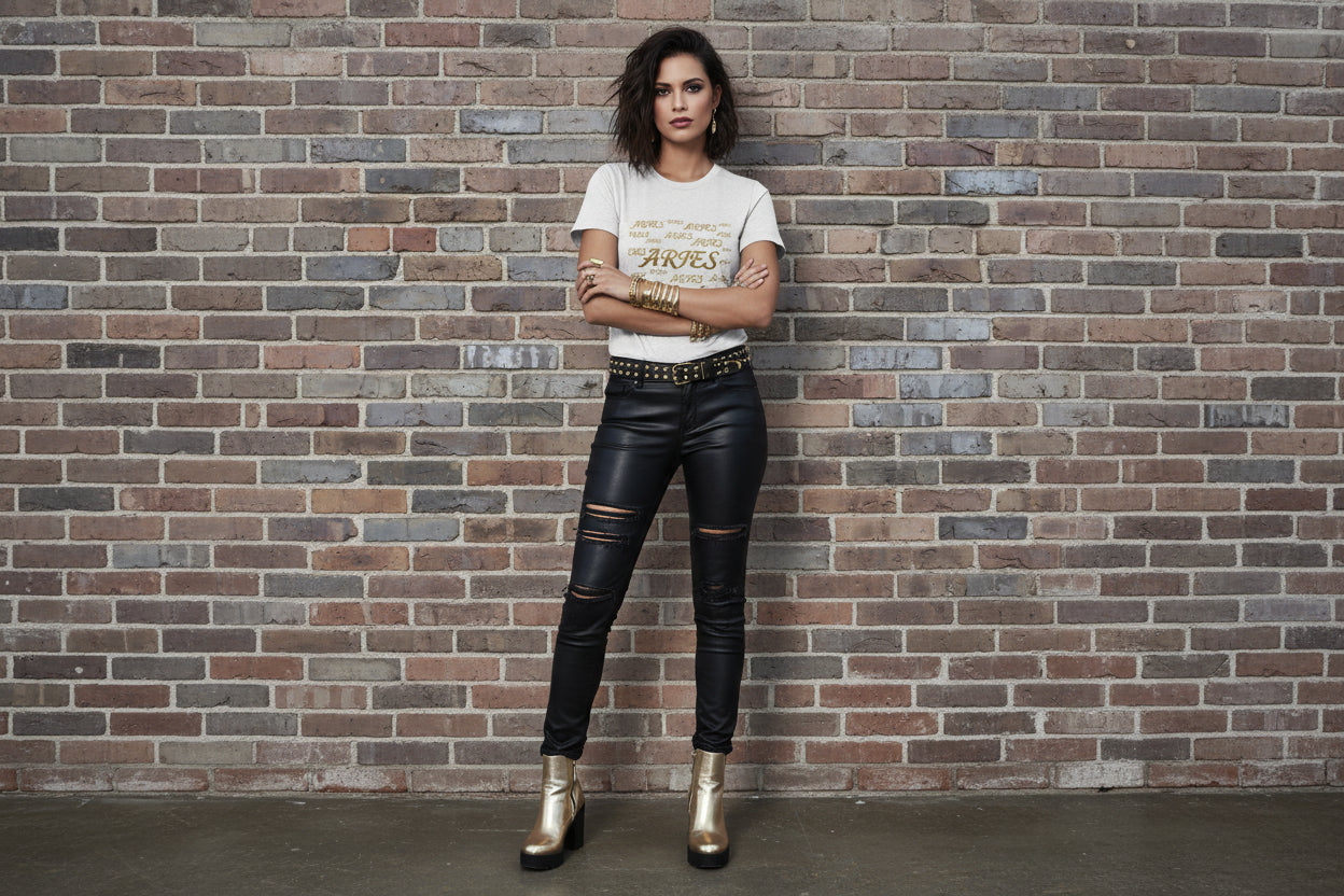 Woman in Aries the Ram Premium Tee with gold zodiac graphic and black moto pants against a brick wall background.