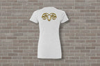 Back view of Aries the Ram Premium Tee in white with a gold zodiac astrology graphic on a brick wall background.