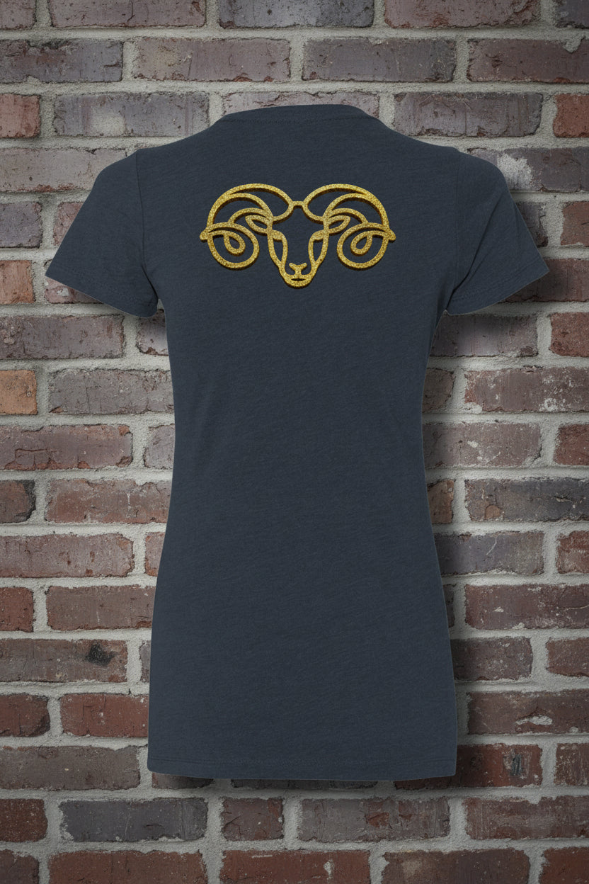 Back view of navy Aries the Ram zodiac graphic tee with a gold ram head design, styled against a brick wall background.