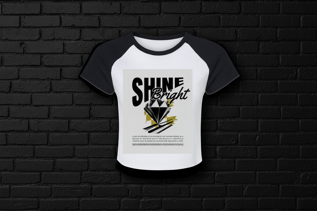 Women's 90s style Y2K raglan baby tee in white and black with Shine Bright diamond graphic on a black brick wall.