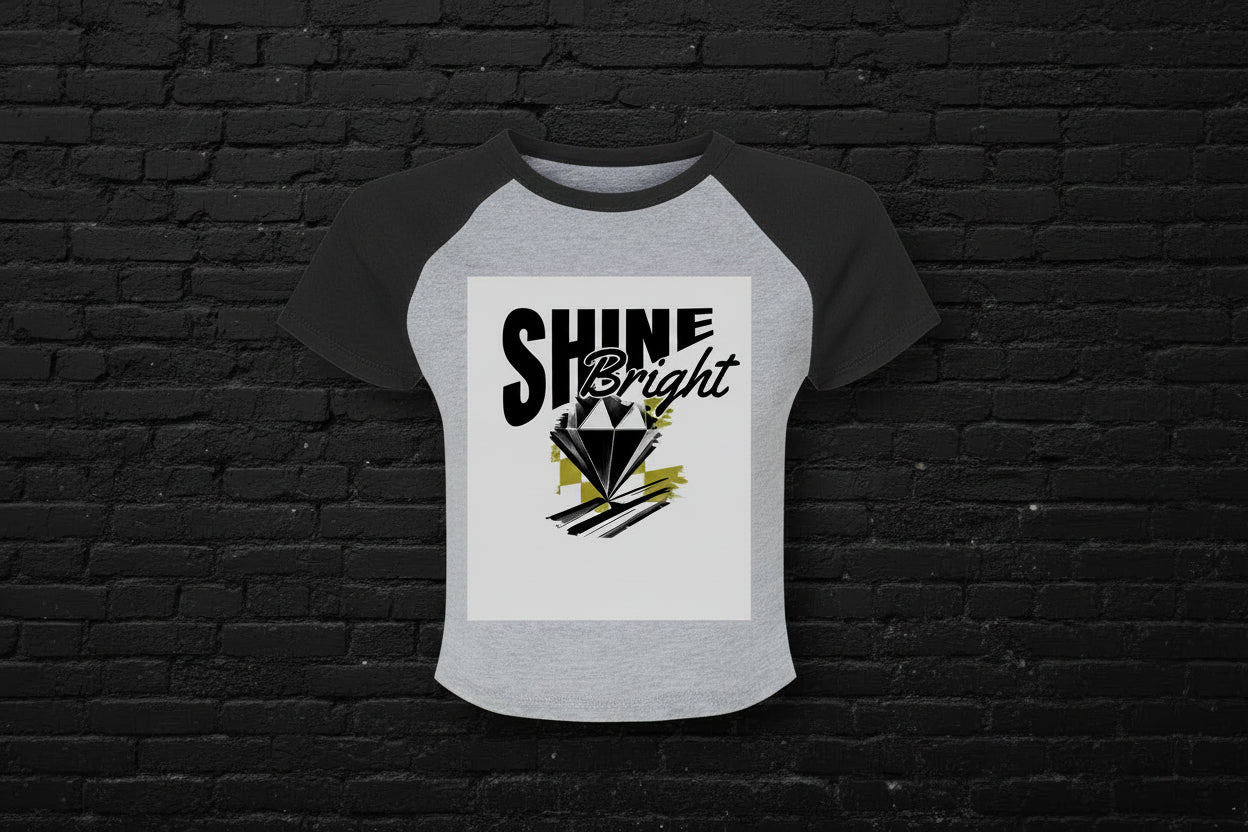 Shine Bright 90s style raglan baby tee in gray and black micro rib with diamond graphic on a black brick background.