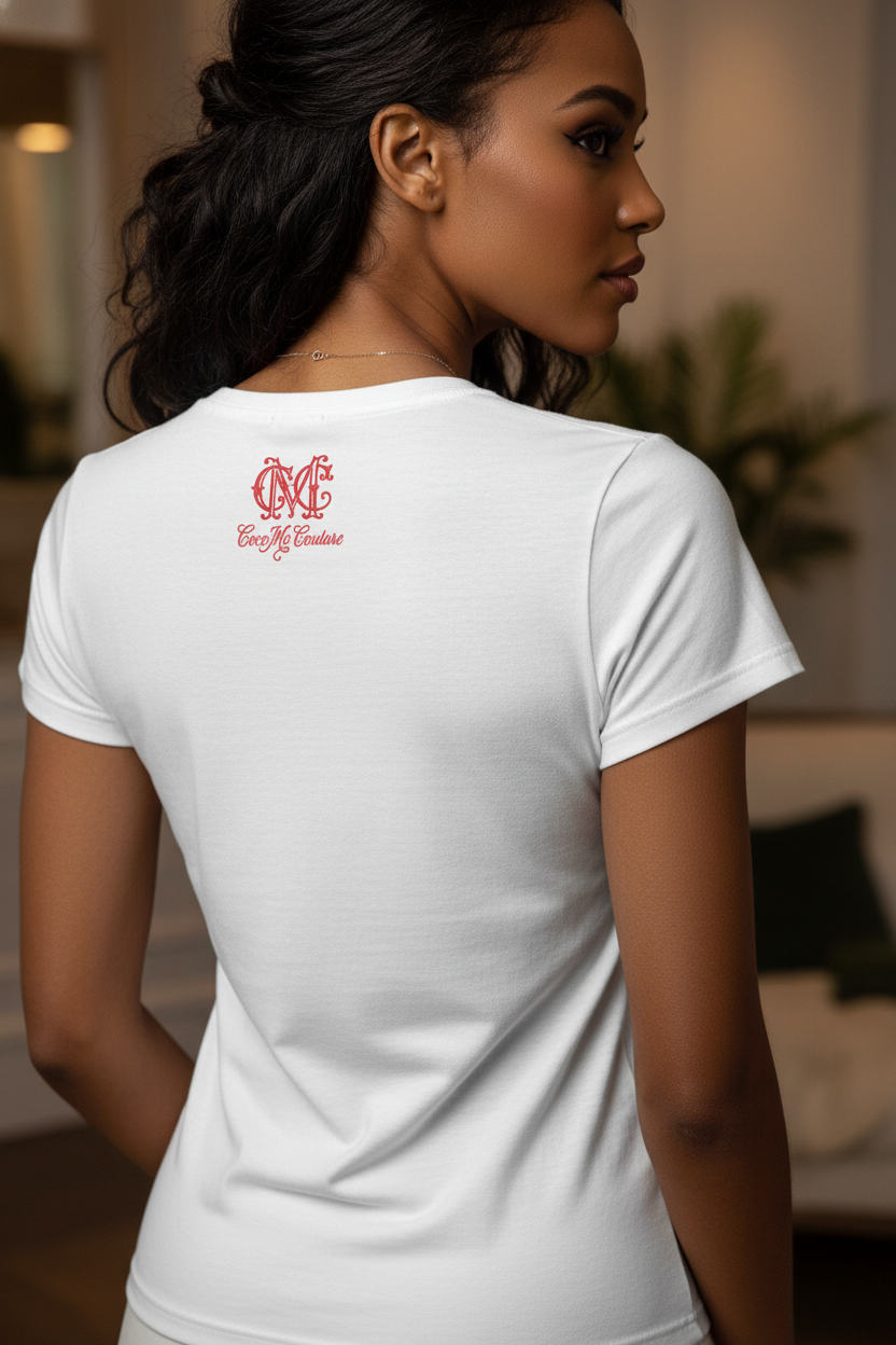 Back view of a woman wearing the white Pretty But A Problem graphic tee with a red logo on the upper back.