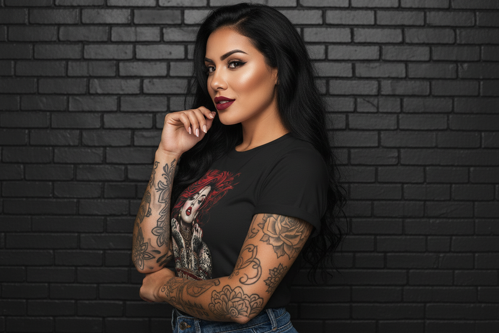 Tattooed woman wearing a Soft but Dangerous Performance Tee activewear top against a black brick wall.