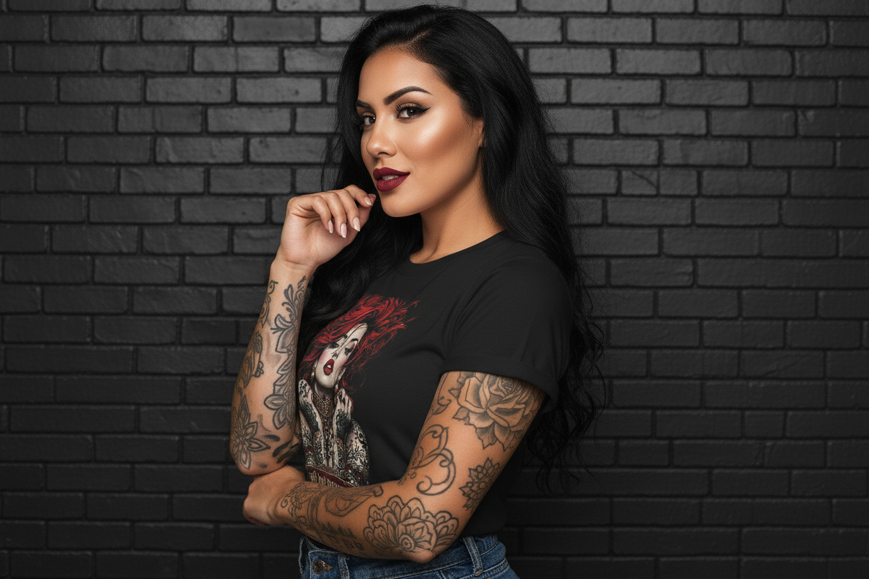 Tattooed woman wearing a Soft but Dangerous Performance Tee activewear top against a black brick wall.