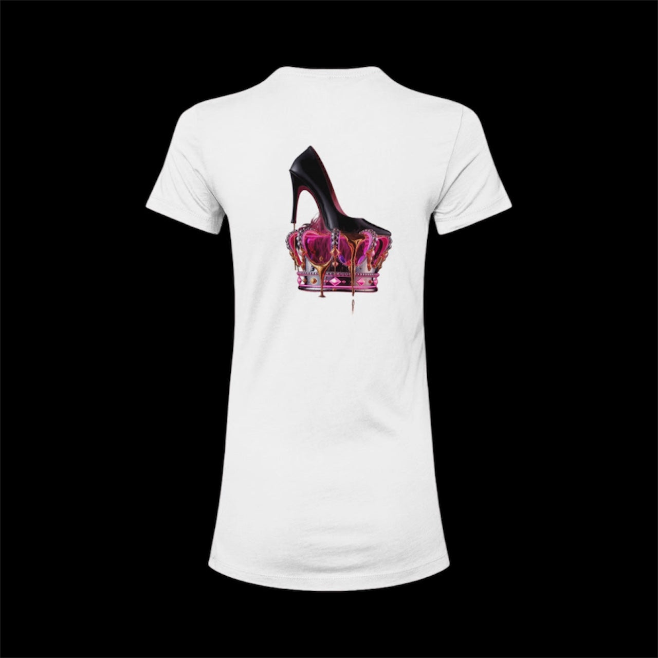 Royal Rebellion Tee features a bold graphic of a black stiletto on a molten pink crown dripping gold, printed on a slim-fit white cotton t-shirt. Perfect for edgy fashion lovers seeking premium comfort and standout style.