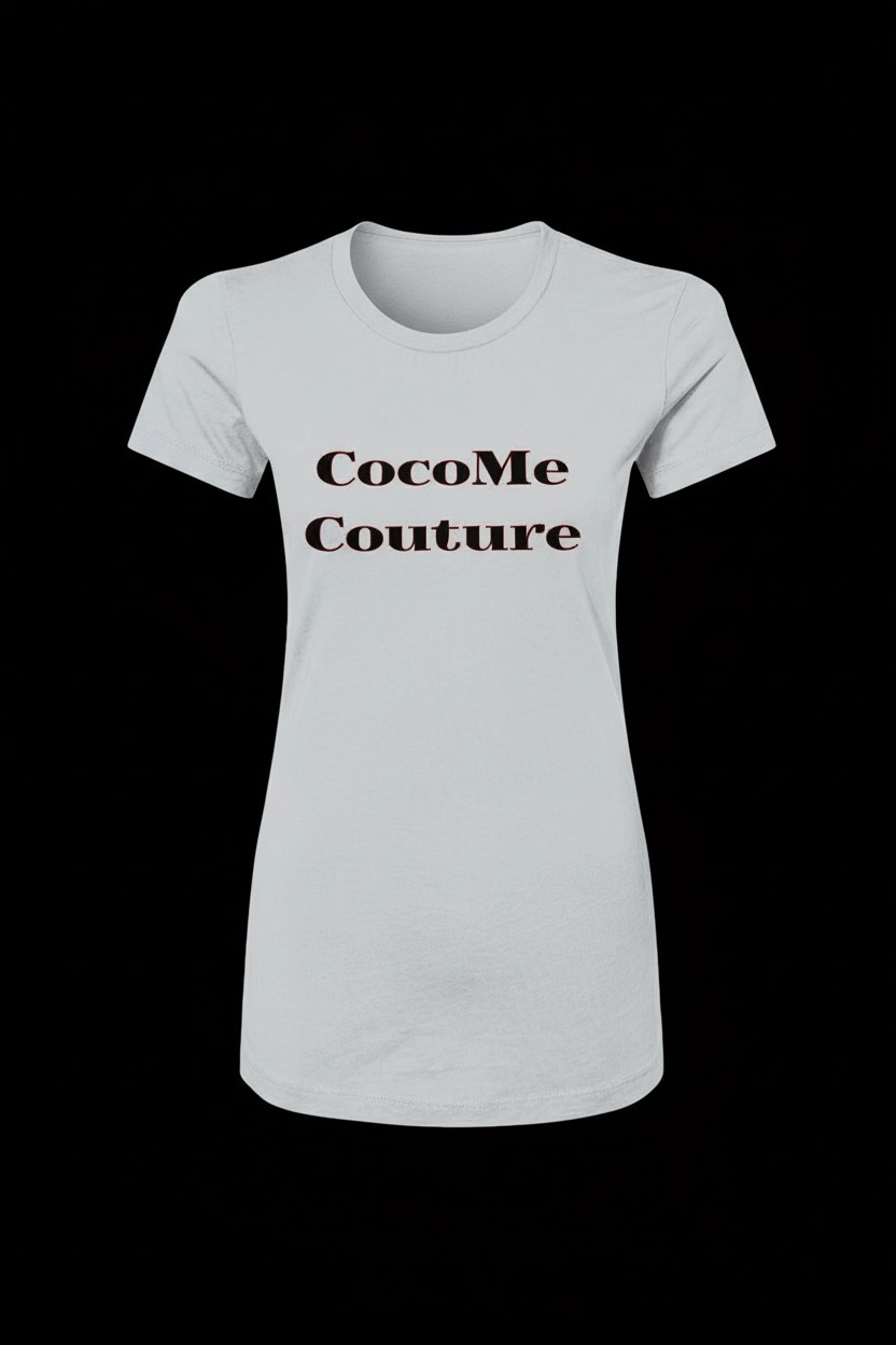 Royal Rebellion Tee in white with 'CocoMe Couture' text in bold black lettering, featuring a slim fit and longer-length body for a chic streetwear look.