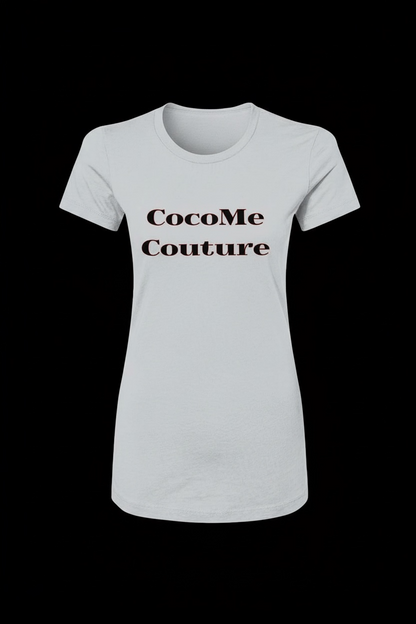 Royal Rebellion Tee in white with 'CocoMe Couture' text in bold black lettering, featuring a slim fit and longer-length body for a chic streetwear look.