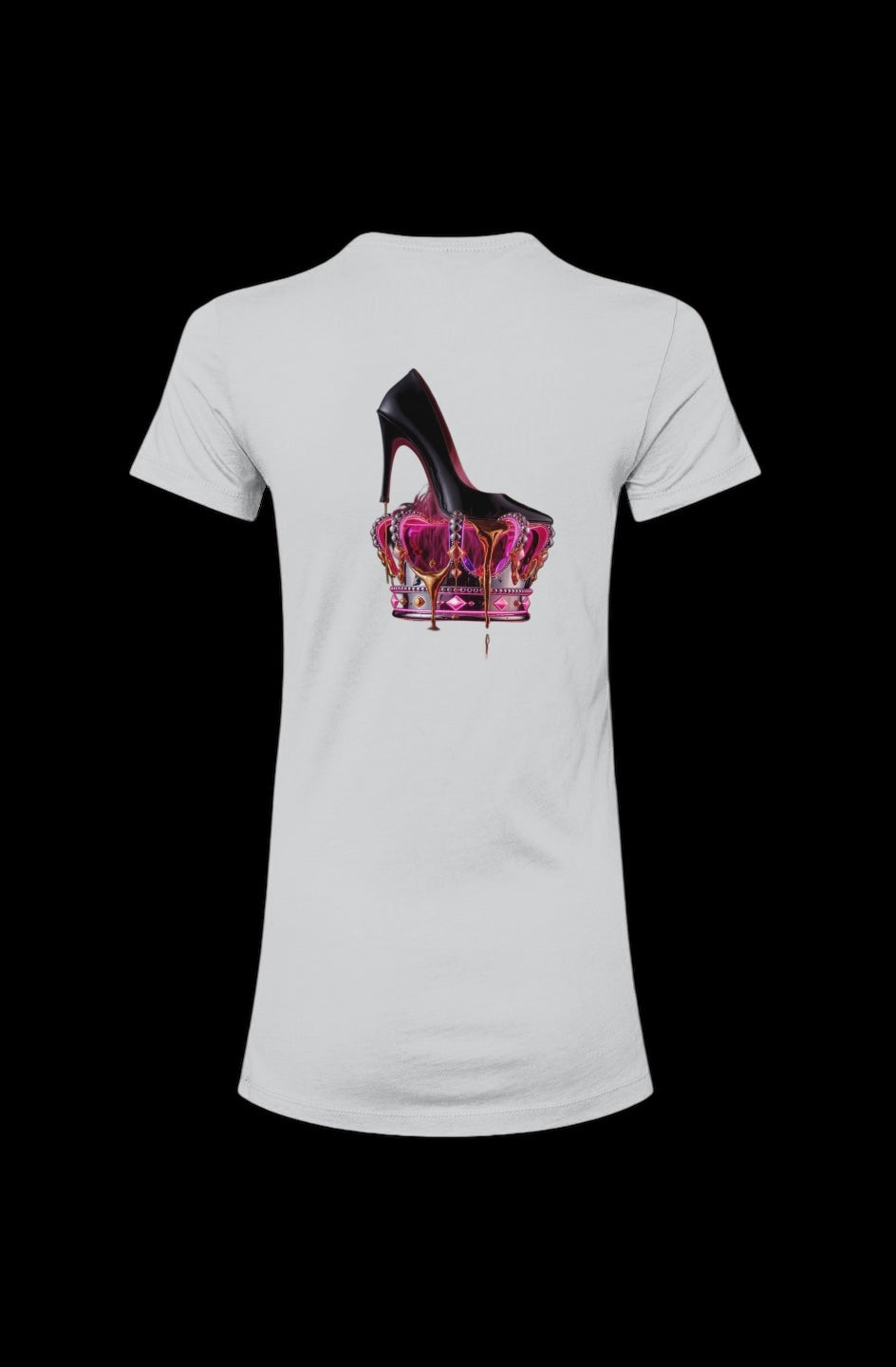 Royal Rebellion Tee in white featuring a bold graphic of a black stiletto atop a molten pink crown dripping in gold on the back. Premium slim-fit cotton t-shirt for edgy fashion lovers.