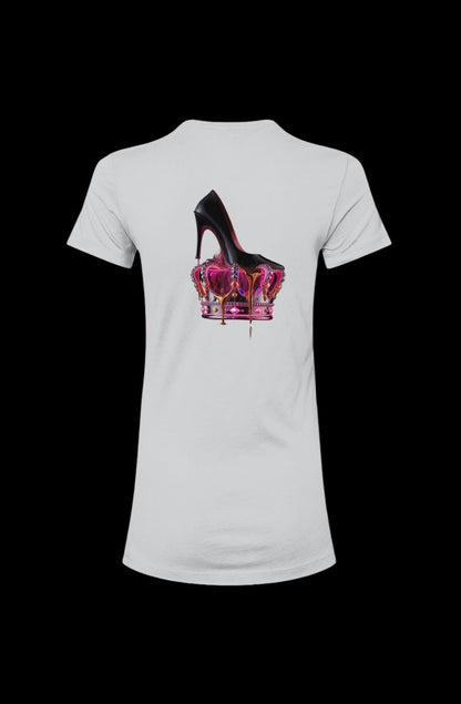 Royal Rebellion Tee in white featuring a bold graphic of a black stiletto atop a molten pink crown dripping in gold on the back. Premium slim-fit cotton t-shirt for edgy fashion lovers.