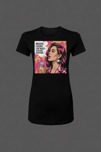 Breathe Luxury Slim Fit Tee featuring a bold graphic of a stylish woman with earrings and a drink, perfect for fashion-forward women's apparel lines.