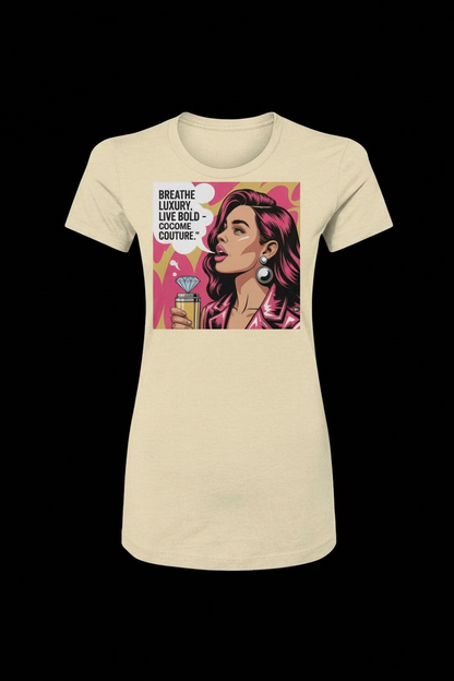 Breathe Luxury Slim Fit Tee for women featuring a bold pop art graphic of a stylish woman with pink hair holding a diamond. Premium cotton fitted t-shirt ideal for fashion-forward apparel brands.