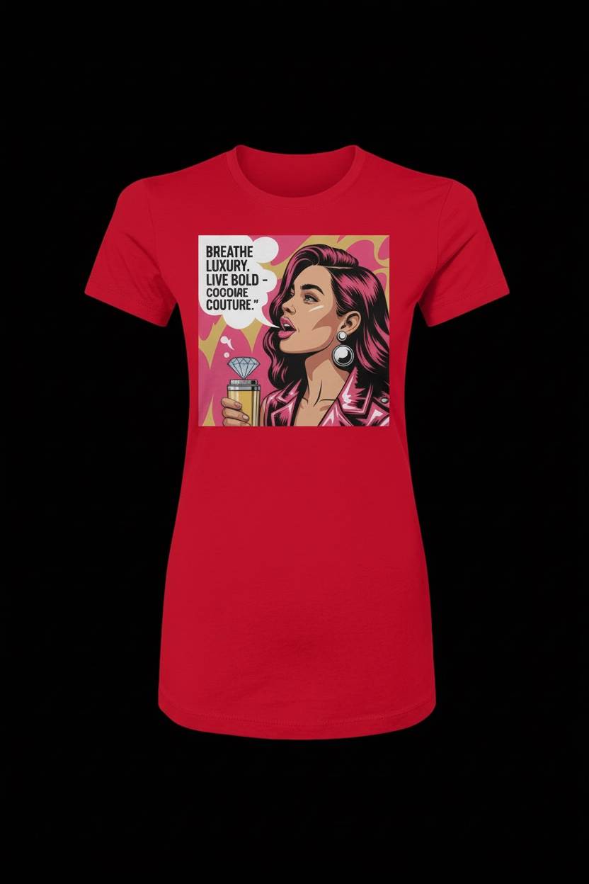 Breathe Luxury Slim Fit Tee in red featuring a bold graphic of a stylish woman with earrings and a diamond, perfect for fashion-forward apparel brands.
