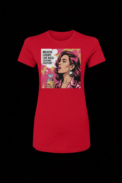 Breathe Luxury Slim Fit Tee in red featuring a bold graphic of a stylish woman with earrings and a diamond, perfect for fashion-forward apparel brands.