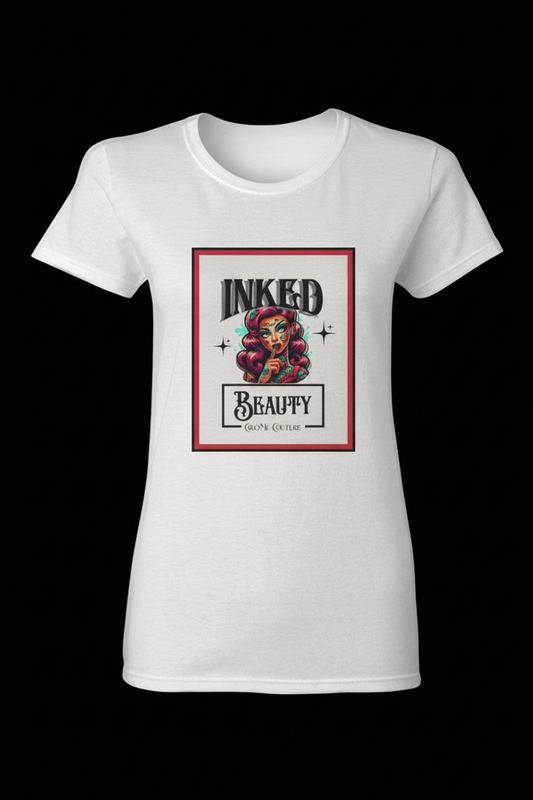 Inked Beauty Premium Tee in white featuring a colorful tattoo-style graphic of a woman with red hair. Soft cotton t-shirt for casual wear.