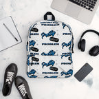 White and blue rebel-luxe laptop backpack with Pretty But A Problem graphic, shown with school and travel essentials.