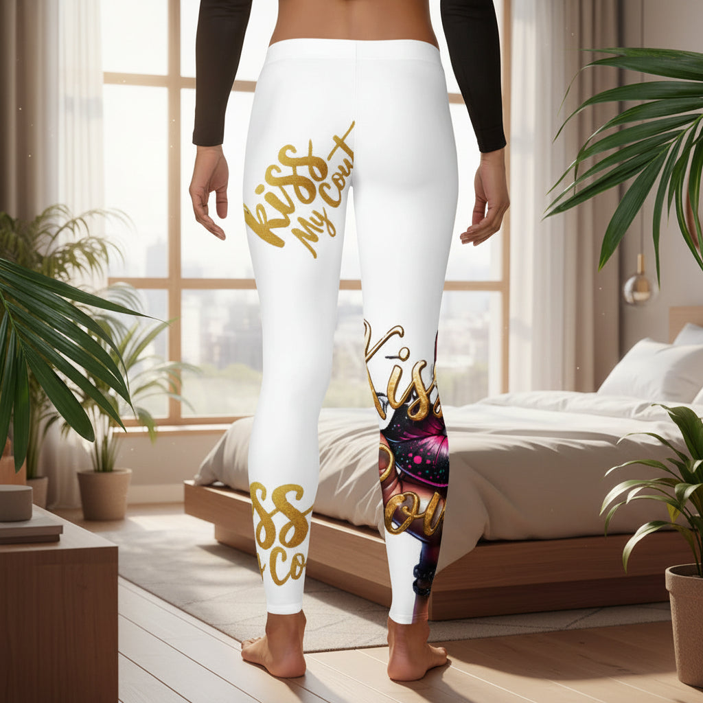 Kiss My Couture Leggings feature bold gold script and a vibrant lip graphic on white fabric, ideal for stylish activewear or casual fashion looks.