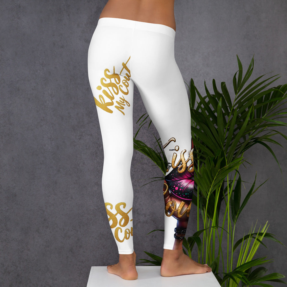 Kiss My Couture Leggings in white with bold gold script and vibrant lip graphic on lower leg, designed for stylish activewear comfort.