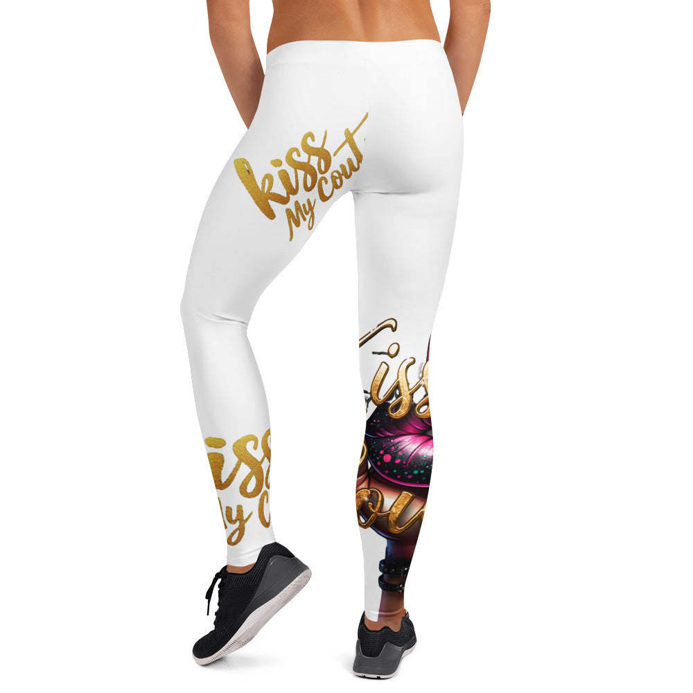 Kiss My Couture Leggings featuring bold gold script and a vibrant lip graphic on white fabric, designed for stylish activewear comfort.