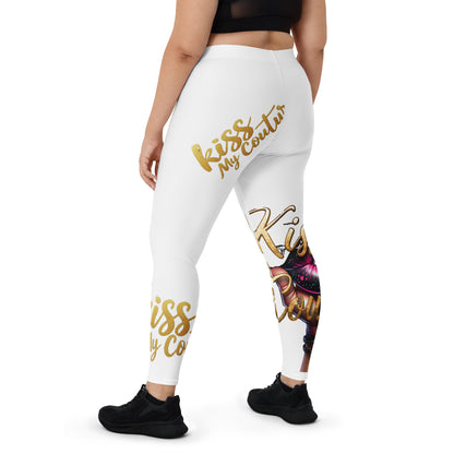 Kiss My Couture Leggings in white with bold gold script and vibrant lip graphic on one leg, designed for stylish activewear comfort and stretch.