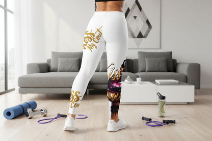 Kiss My Couture Leggings featuring bold lip graphic and glittery gold text, designed with four-way stretch for stylish activewear comfort.