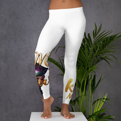 Kiss My Couture Leggings featuring bold lip graphic and glittery gold text on white fabric, designed for stylish comfort and four-way stretch fit.