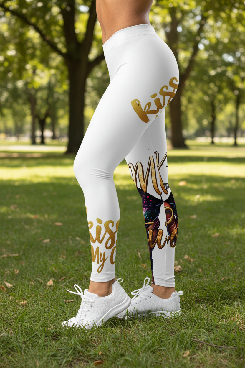 Kiss My Couture Leggings in white with bold gold script and colorful lip graphic, designed for activewear comfort and standout street style.