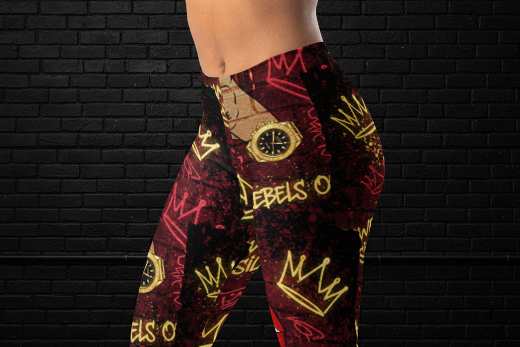 High-waisted Queens Move In Silence leggings featuring a crown and gold watch print on microfiber fabric.