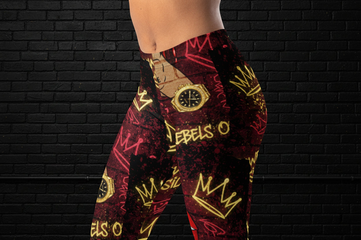 High-waisted Queens Move In Silence leggings featuring a crown and gold watch print on microfiber fabric.