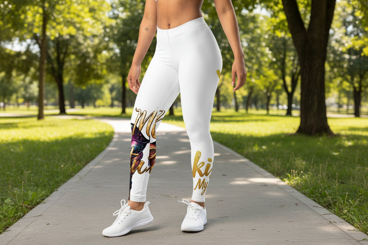 Kiss My Couture Leggings feature bold gold script and a vibrant lip graphic on white fabric, perfect for stylish activewear in outdoor settings.