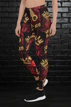 High-waisted premium leggings with crown graffiti print and four-way stretch microfiber for activewear and gym use.