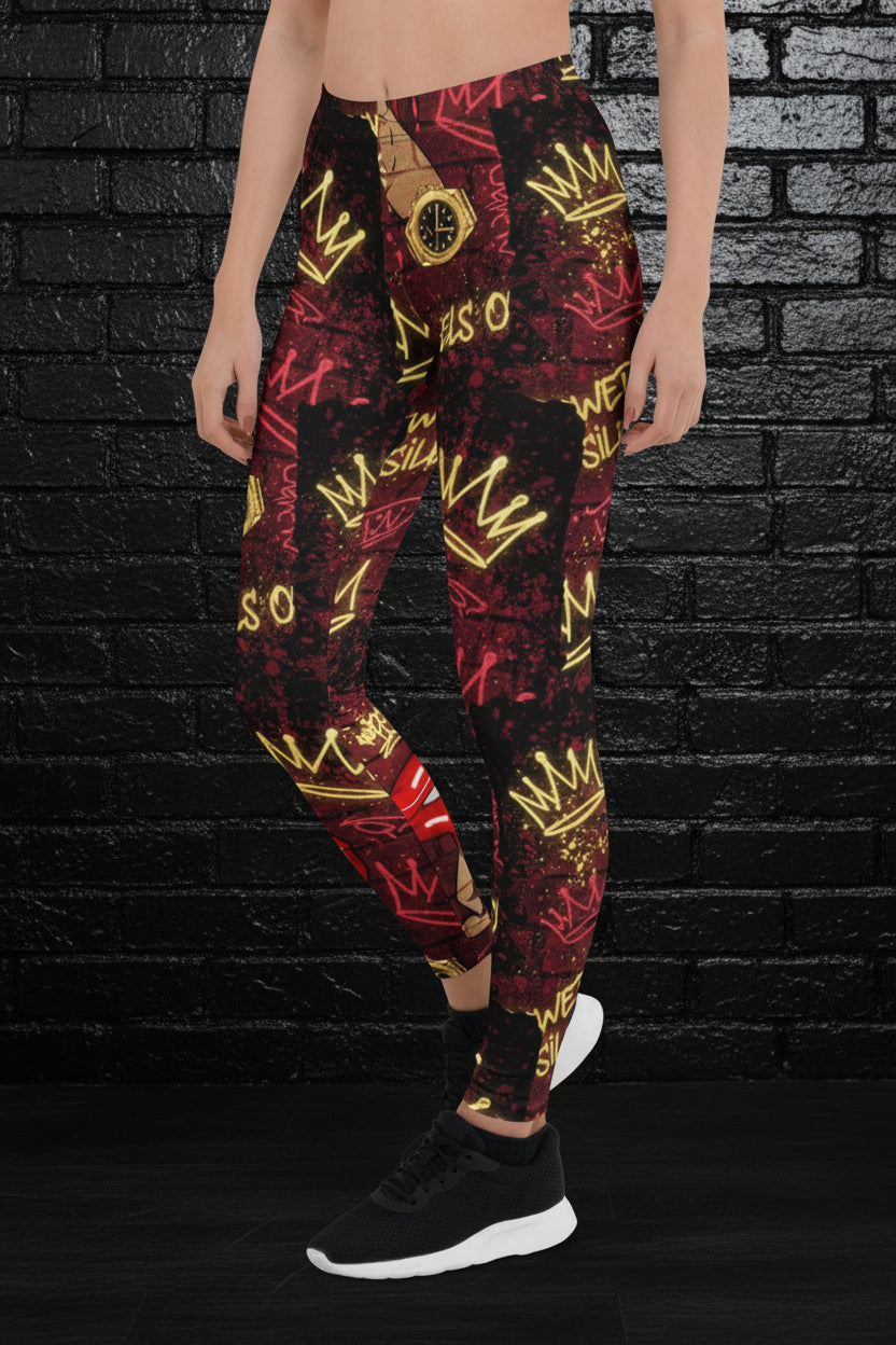 High-waisted premium leggings with crown graffiti print and four-way stretch microfiber for activewear and gym use.