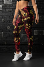 High-waisted Queens Move In Silence leggings featuring crown and watch prints on microfiber fabric in a gym setting.